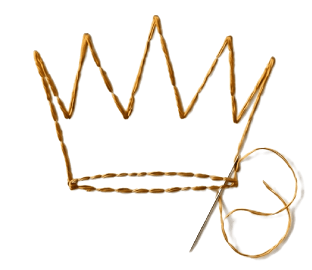 Hand-stitched copper crown being sewn with needle and thread